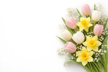 Obraz premium A vibrant bouquet of colorful flowers on a clean white background Easter Day