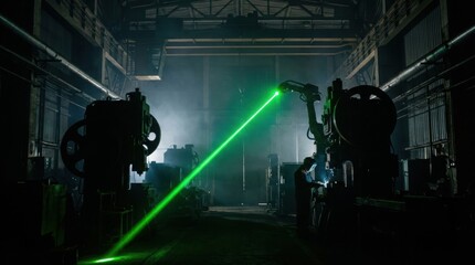 Industrial Setting with Green Laser and Machinery