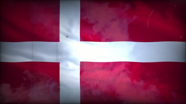Denmark Flag Waving with Cinematic Smoke Effects and Authentic Vintage Film Grain Texture Loop