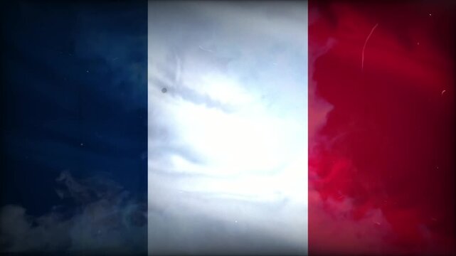 France National Flag Waving with Smoke and Vintage Scratched Film Texture Background