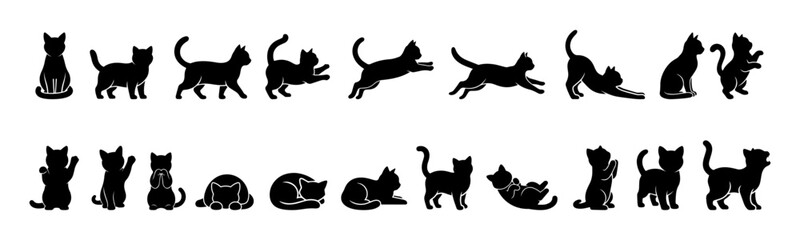 Cat Silhouette Collection Various Poses Black Vector Set.