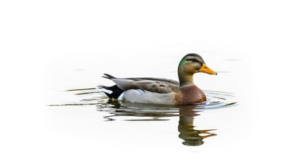 Obraz premium A duck swimming in a calm body of water with a white background.