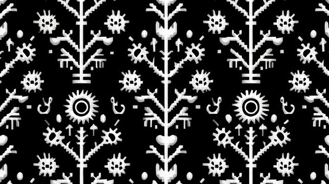 Seamless pattern inspired by Norwegian folk art in black and white with a modern design for graphic textiles and backgrounds