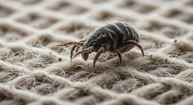 Close-up of a Dust Mite on a Carpet Fiber.