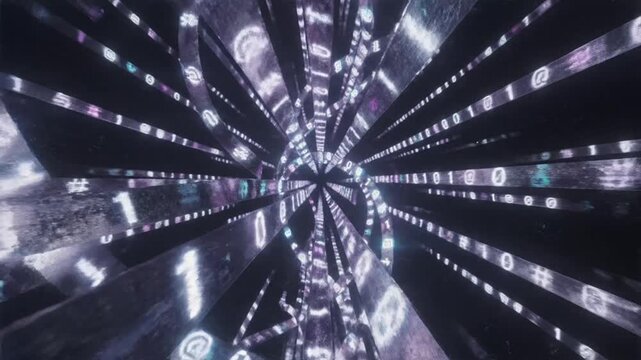 Abstract digital data stream tunnel with glowing binary code and symbols