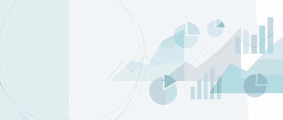 Panoramic vector banner illustration of a minimalist fintech dashboard background with abstract financial charts, pie graphs, bar charts, and data visualization for business and corporate use.