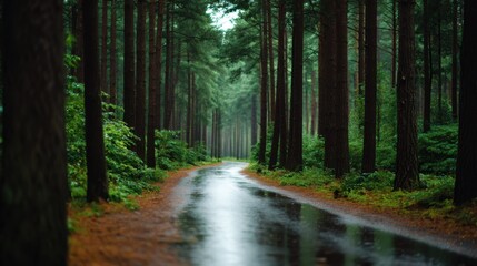 Obraz premium Rain-soaked forest path framed by tall pines, damp ground reflecting light as distance fades. through mist dim
