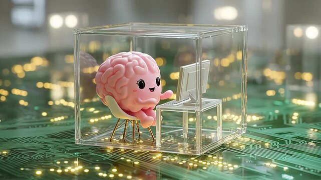 Cute brain cartoon working on computer