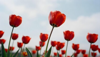 Fototapeta premium A field of red tulips contrasts with a blue sky, representing hope and awareness for neurology and Parkinson's support