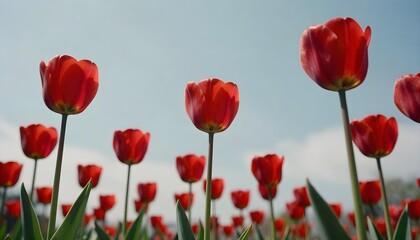 Obraz premium Bright red tulips bloom in a field against a blue sky, representing hope and support for brain health and Parkinson's awareness