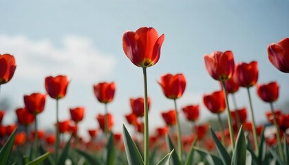 A field of vibrant red tulips under a clear blue sky, symbolizing hope and growth in neurology and Parkinson's awareness