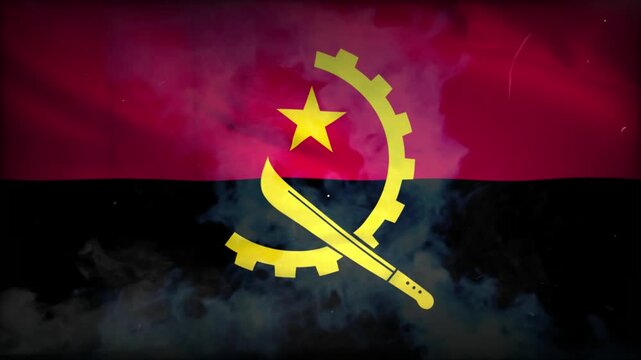 Angola National Flag Waving in Cinematic Smokey Background with Authentic Vintage Film Scratches