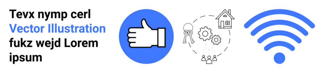 Obraz premium Social media, technology, smart home, wireless communication, digital connection, home automation. Thumbs-up icon, smart home outline and wireless symbol. Social media and technology in modern