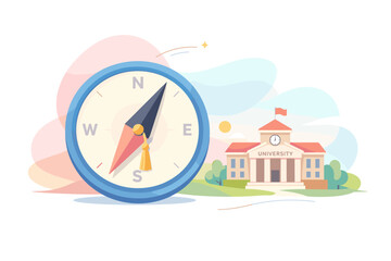 Obraz premium Compass pointing towards a school building illustration.