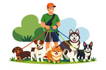 Naklejka premium Dog Walker With Multiple Dogs Enjoying Outdoor Walk.