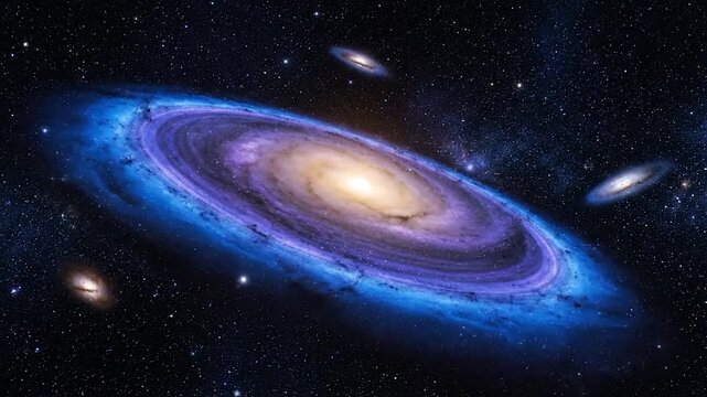A vibrant, swirling galaxy with spiral arms and surrounding stars. Several smaller galaxies present