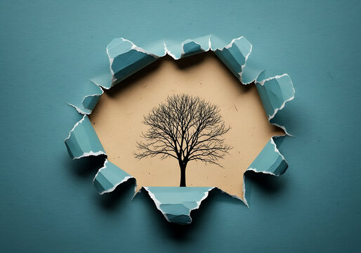 Ripped blue green paper revealing a majestic bare tree silhouette on a natural brown textured background