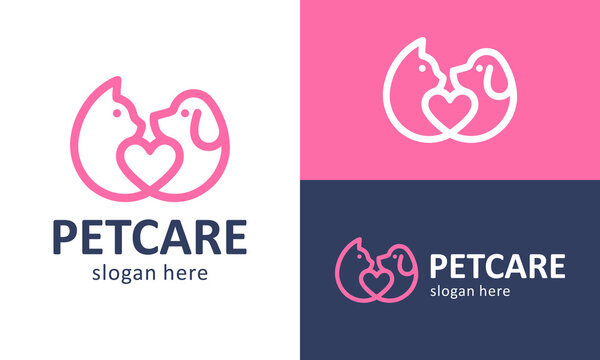 Minimalist pet care logo design template illustration. Abstract dog and cat with heart love vector icon symbol