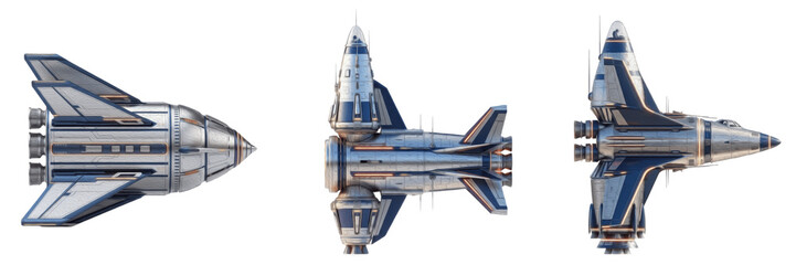Three Highly Detailed 3D Models of a Modern Blue and Silver Spaceship Shown from Different Perspectives on a White Background. © Soor