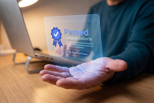 Male hand displaying virtual screen with passed exam results and congratulations message near laptop