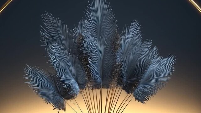 Abstract composition of feathery elements in elegant golden frame