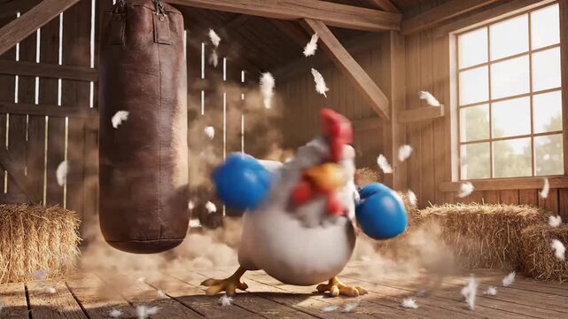 A rooster fighting with blue boxing gloves in a barn, kicking up feathers around a punching bag