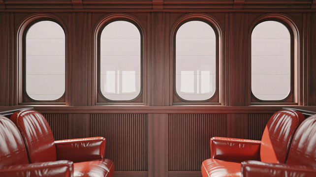Classic luxury train interior featuring elegant red leather seats and wood paneling