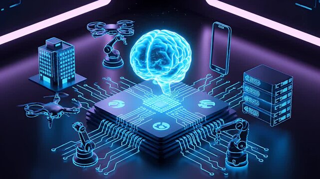 Artificial Intelligence Brain on Circuit Board with Smart City Elements.