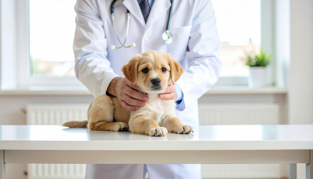 Cute young dog receiving a health examination in a clean, modern animal hospital.
