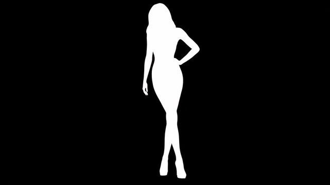 Elegant Woman Silhouette in Dress, Posing Confidently on Black Background