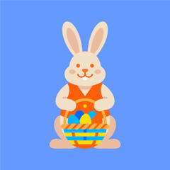 Obraz premium Cute cartoon easter bunny holding colorful eggs in spring holiday illustration