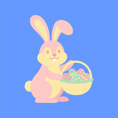 Fototapeta premium Cute cartoon easter bunny holding colorful easter eggs in a happy spring holiday illustration