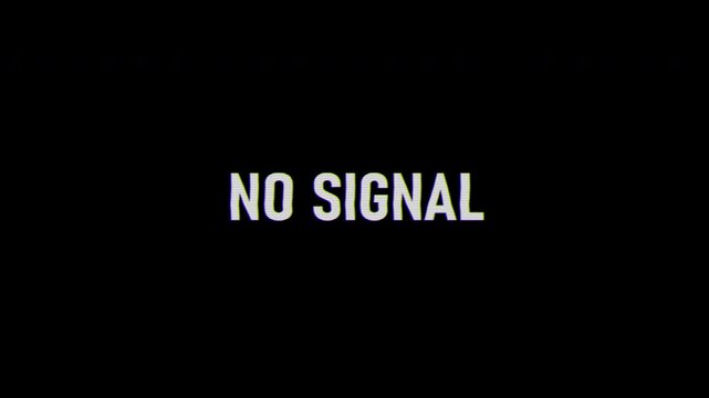 Futuristic No Signal Glitch Text Animation with RGB Color Separation, Digital Static Noise, Screen Flicker and Distortion Effect on Black Background