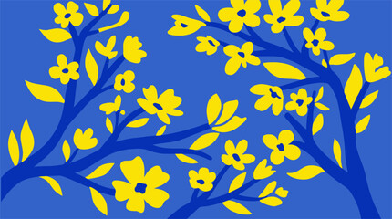 Naklejka premium Decorative flat vector illustration of flowering branches with yellow blossoms on a blue background. Ideal for floral backgrounds, wallpapers, and textile designs.