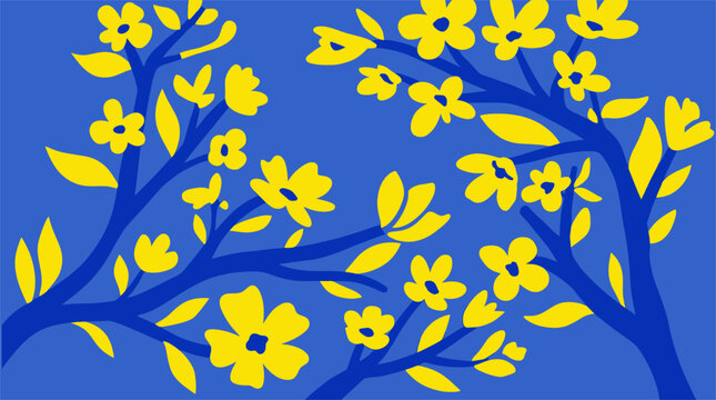 Decorative flat vector illustration of flowering branches with yellow blossoms on a blue background. Ideal for floral backgrounds, wallpapers, and textile designs.