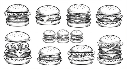 Hand-Drawn Sketch Collection of Various Burgers Classic Hamburgers, Cheeseburgers, Mushroom Burgers, Bacon Burgers, and Mini Sliders Line Art