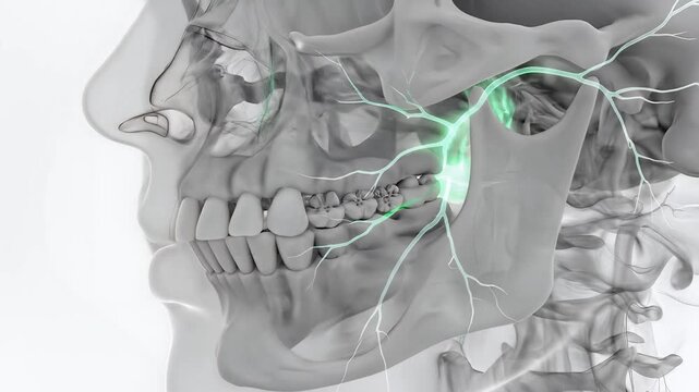 Grayscale 3d rendering of a painful human jaw joint with bright green nerve impulse.
