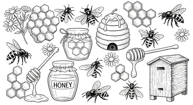 Beehive honey and bees illustration for design and educational concepts