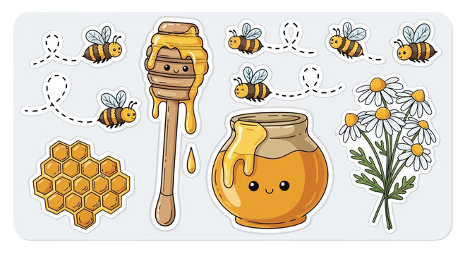 Cartoon bee honey and flower collection vector illustration elements