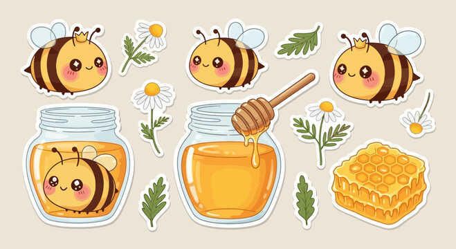 Cartoon bee illustration set honey flowers and happy insects in vector art