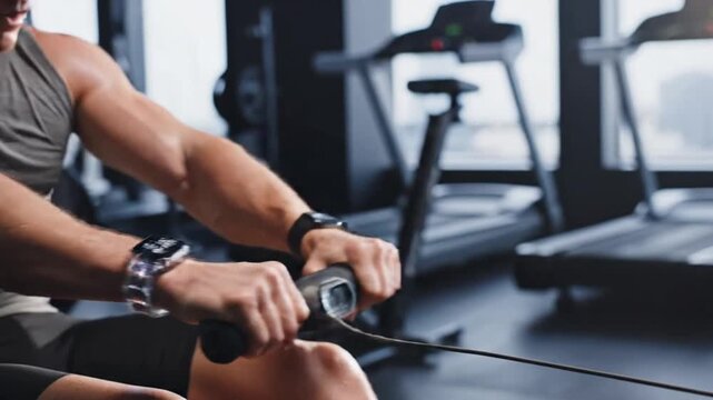 Man exercising on rowing machine in modern gym