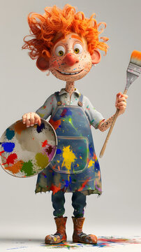 3D cartoon character of a child holding painting tools