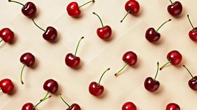 Red cherries arranged on beige surface