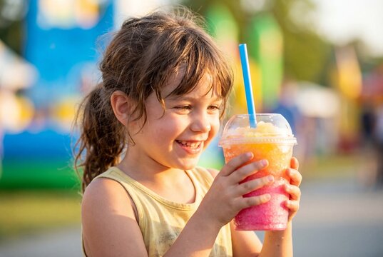 A young girl smiling and holding a colorful slushy drink at an outdoor carnival during summer