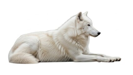 Obraz premium A majestic arctic wolf resting calmly, showcasing its thick white fur in a clean, high-key studio photograph isolated on a pure white background.