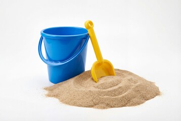 Blue bucket and yellow shovel in sand pile