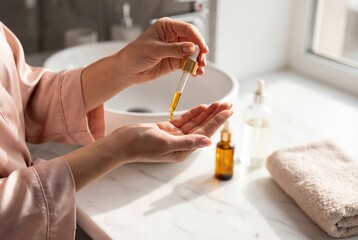 Obraz premium Close up of hands applying facial oil drop from glass dropper