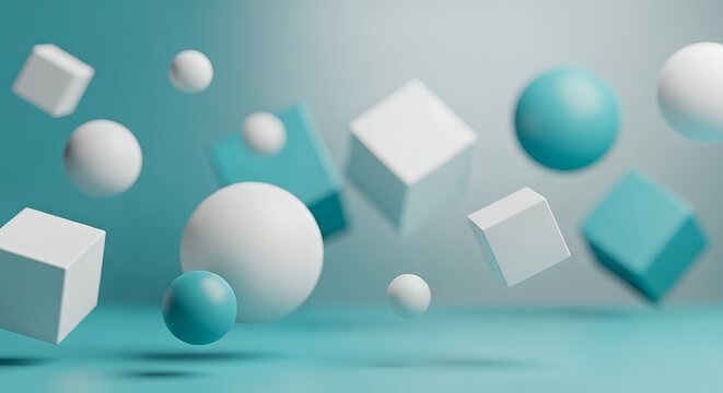 Minimalist 3D render of floating white spheres and teal blue cubes abstract geometric background design for modern product presentation or clean business concept