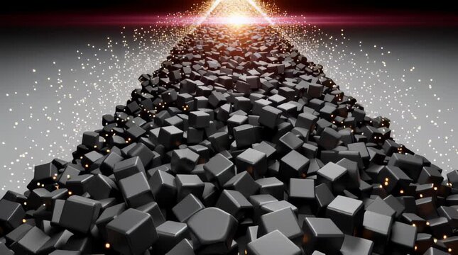 Machine learning visual pathway of glossy black cubes leading to glowing horizon with sparkling particles and sparkle particle pathway creating