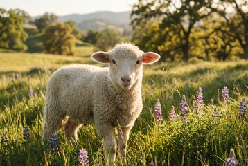 Obraz premium A cute white lamb stands in a grassy field with purple flowers during a beautiful golden sunset